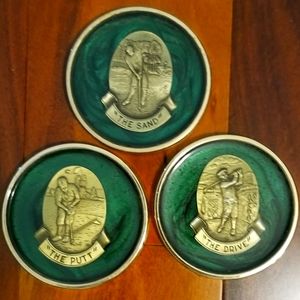 (3) Brass Medallion Green Marbled Golf Themed Coasters